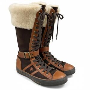 Converse Unisex Vintage Tall Shearling Lace-Up Winter Boots Brown Leather Canvas